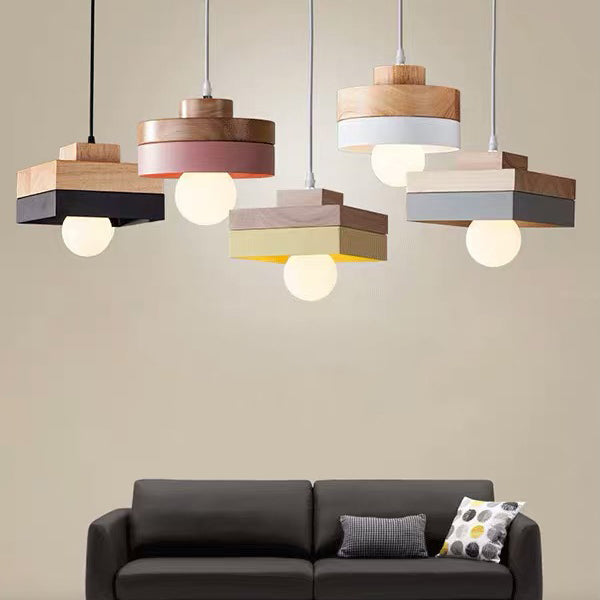 Modern Minimalist Macaron Square Iron Wood 1-Light Pendant Light For Living Room