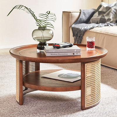 Traditional Japanese Round Wood Weaving Coffee Table For Living Room