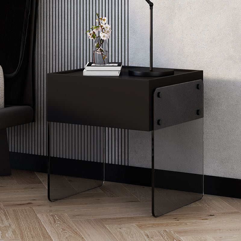 Modern Minimalist Rectangular Wood Plank Glass Nightstand 1-Drawer For Bedroom