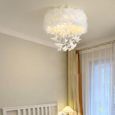 Contemporary Scandinavian Butterfly Feather Round Crystal Turkey Feather Iron LED Flush Mount Ceiling Light For Bedroom