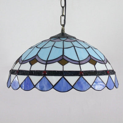 Traditional Tiffany Round Dome Iron Stained Glass 1-Light Pendant Light For Living Room