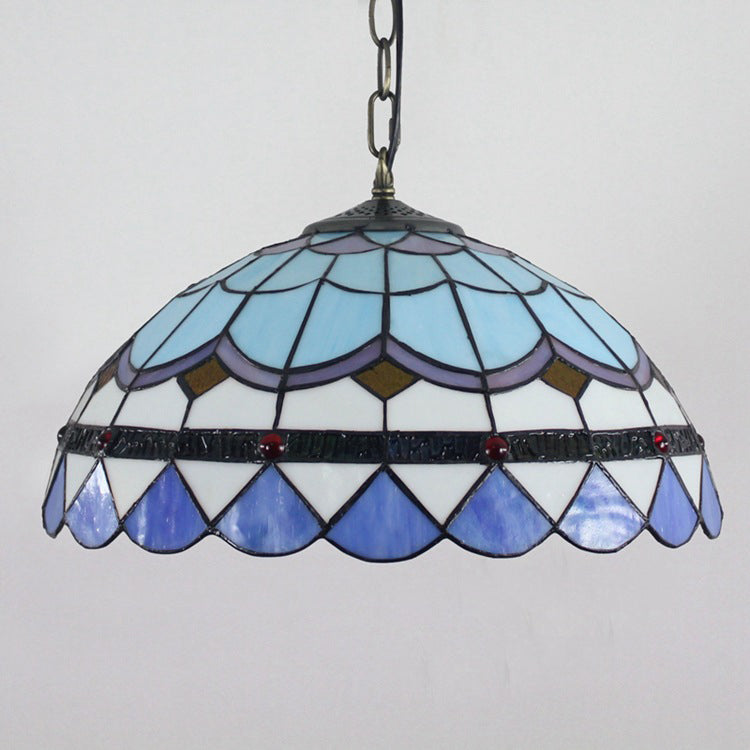 Traditional Tiffany Round Dome Iron Stained Glass 1-Light Pendant Light For Living Room