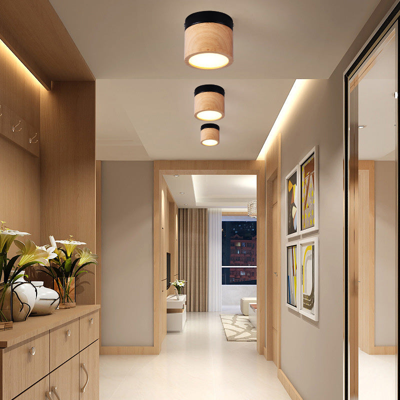 Traditional Japanese Wood Acrylic Cylindrical LED Spotlight Flush Mount Ceiling Light For Hallway