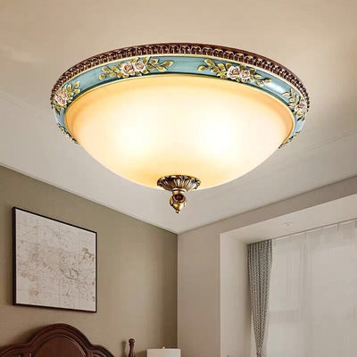 Traditional European Engraved Resin Frame Glass Dome Shade 2-Light Flush Mount Ceiling Light For Living Room