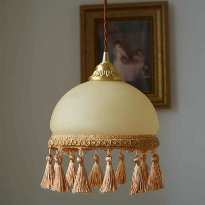 Traditional French Round Tassel Glass Copper Fabric 1-Light Pendant Light For Living Room