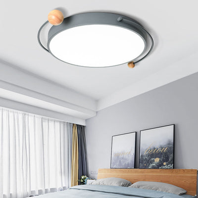 Contemporary Scandinavian Round Orb Curved Tube Iron Acrylic Wooden LED Flush Mount Ceiling Light For Bedroom