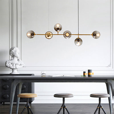 Modern Mid-Century Iron Long Strip Glass Ball 4/6-Light Chandelier Island Light For Dining Room