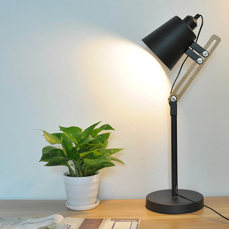 Contemporary Nordic Cylinder Iron Wood Rotatable 1-Light Desk Lamp For Study