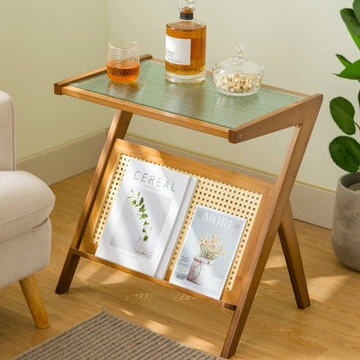 Contemporary Creative Rectangular Geometric Bamboo Glass Side Table 1-Shelf For Living Room