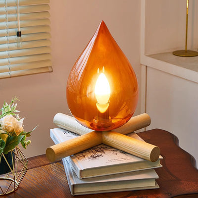 Contemporary Creative Flame Fire Pile Solid Wood Glass 1-Light Table Lamp For Bedroom