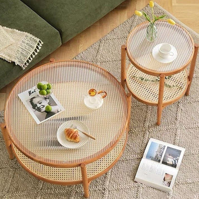 Modern Minimalist Round Solid Wood Glass Rattan Coffee Table 2-Tier For Living Room