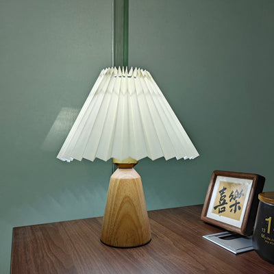 Contemporary Scandinavian Trapezoidal Pleated Fabric Wood 1-Light Table Lamp For Bedroom