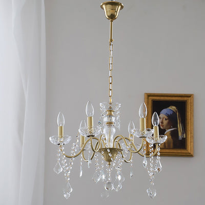 Traditional French Round Branch Crystal Candelabra Full Brass Glass 5/6/8 Light Chandelier For Living Room