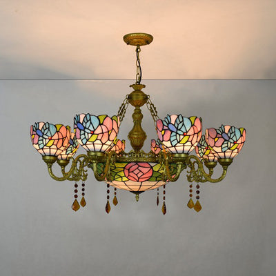 Traditional Tiffany Flower Dome Iron Glass Alloy 8/11 Light Chandeliers For Living Room