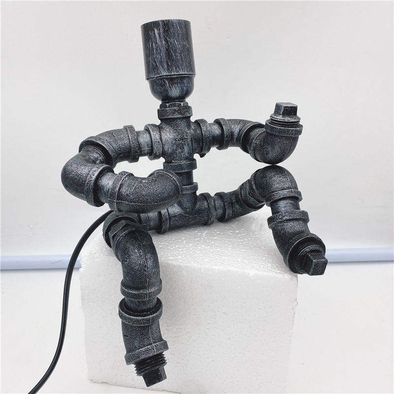 Contemporary Industrial Iron Water Pipe Robot Design 1-Light Table Lamp For Bedroom