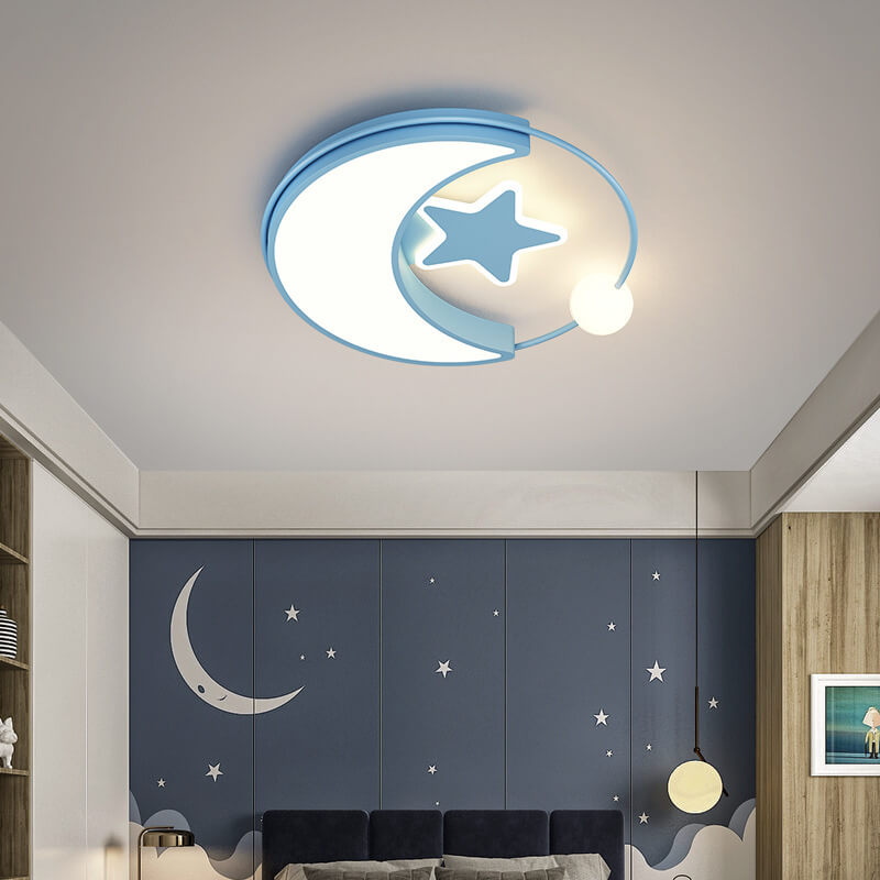 Contemporary Creative Moon Star Iron Acrylic LED Flush Mount Ceiling Light For Bedroom