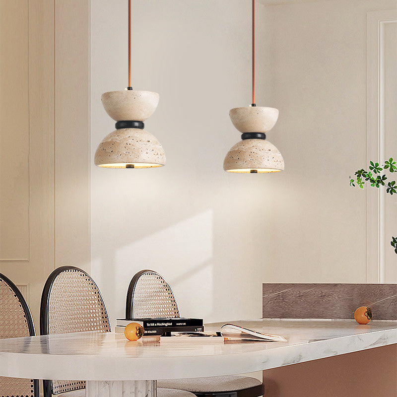 Traditional Japanese Bidirectional Dome Travertine Stone Shade LED Pendant Light For Dining Room