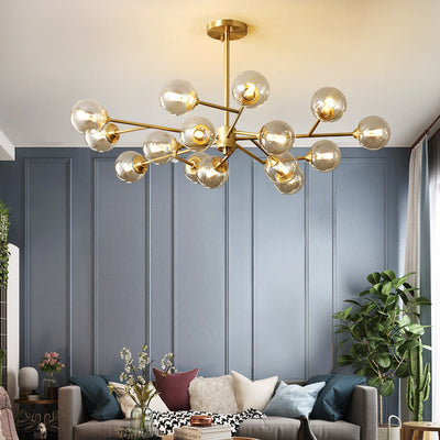 Modern Mid-century Brass Frame Molecular Glass Ball Shade 6/9/12/15-Light Chandelier For Living Room