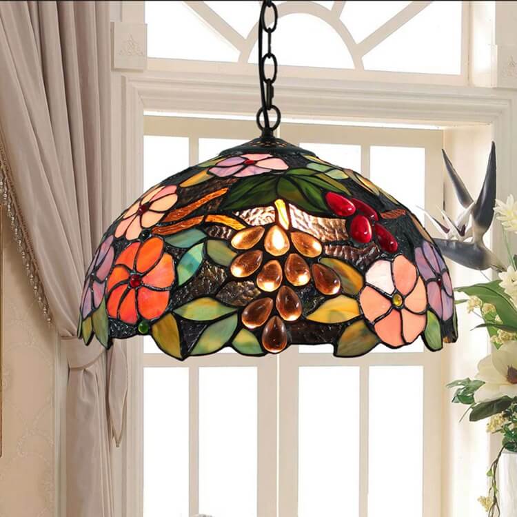 Traditional Tiffany Iron Stained Glass Flower Shape 1-Light Pendant Light For Living Room