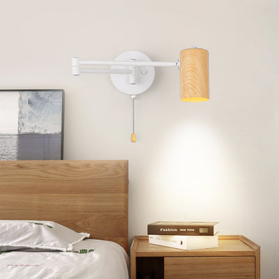 Contemporary Scandinavian Cylinder Iron Plastic Woodgrain 1-Light Wall Sconce Lamp For Bedroom