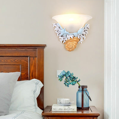 Contemporary Creative Resin Starfish Decorative Trumpet Glass Shade 1-Light Wall Sconce Lamp For Bedroom