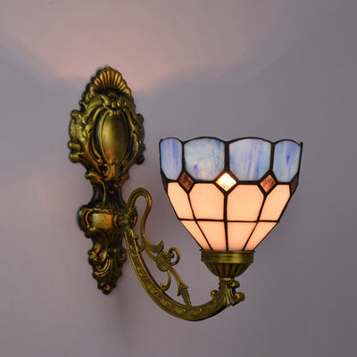 Traditional Tiffany Iron Stained Glass Flower 1-Light Wall Sconce Lamp For Living Room