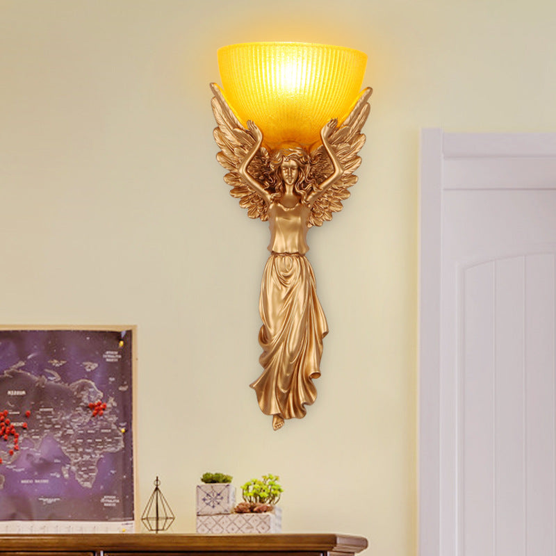 Traditional European Resin Glass Angel Statue 1-Light Wall Sconce Lamp For Living Room