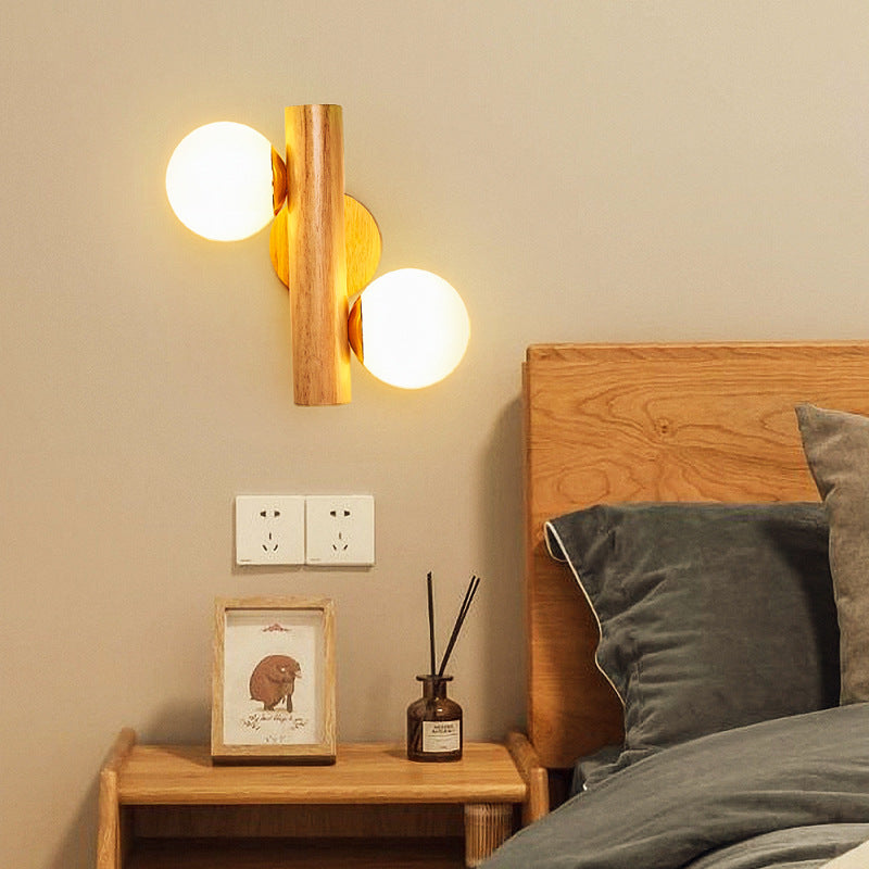 Modern Minimalist Cylinder Orb Wood Hardware Glass 2-Light Wall Sconce Lamp For Bedroom