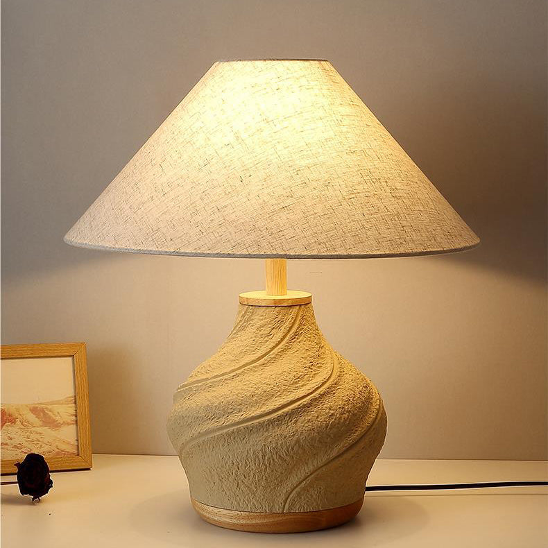 Traditional Japanese Cone Fabric Shade Concrete Vase Base 1-Light Table Lamp For Study