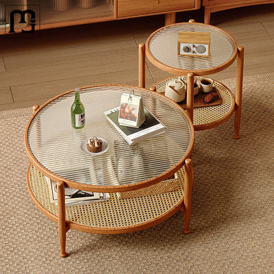 Traditional Japanese Round Glass Rattan Solid Wood End Table 2-Tier For Living Room