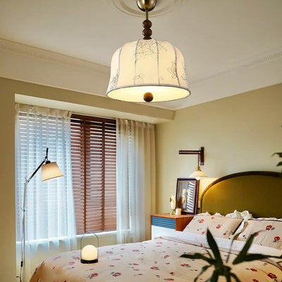 Traditional French Romantic Round Floral Fabric Wood Metal 1-Light Pendant Light For Bedroom