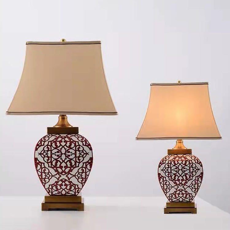 Traditional Chinese Vintage Cone Fabric Red Ceramic Jar Base 1-Light Table Lamp For Bedroom