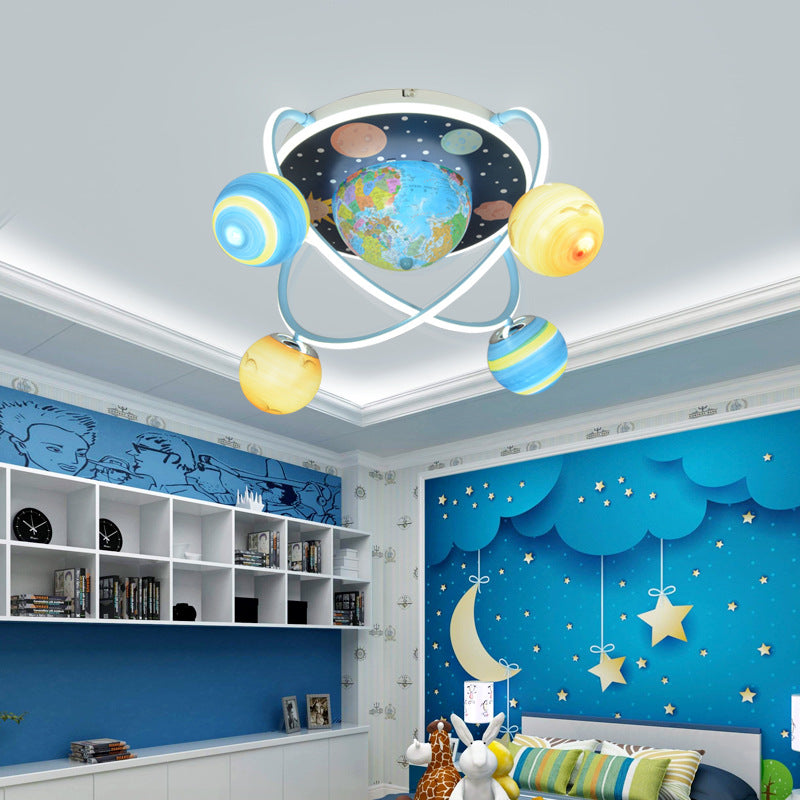 Contemporary Creative Kids Round Earth Planet Hardware Acrylic Glass LED 4-Light Flush Mount Ceiling Light For Bedroom