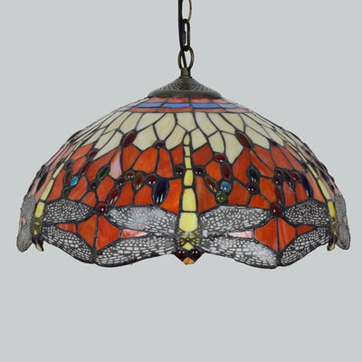 Traditional Tiffany Stained Glass Shade Dragonfly 1-Light Pendant Light For Living Room