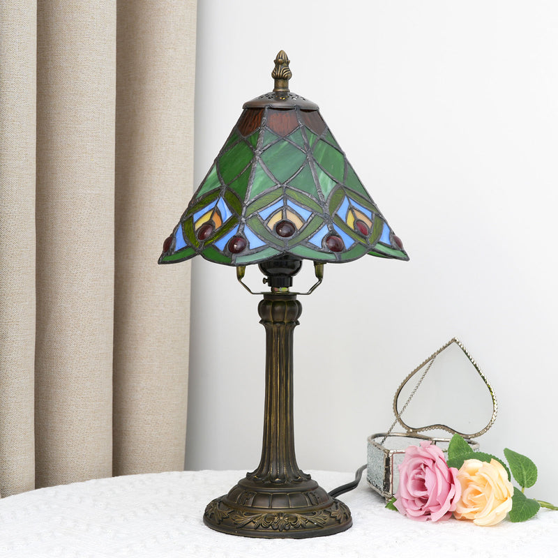 Traditional Tiffany Resin Glass Conic Bead 1-Light Table Lamp For Bedside