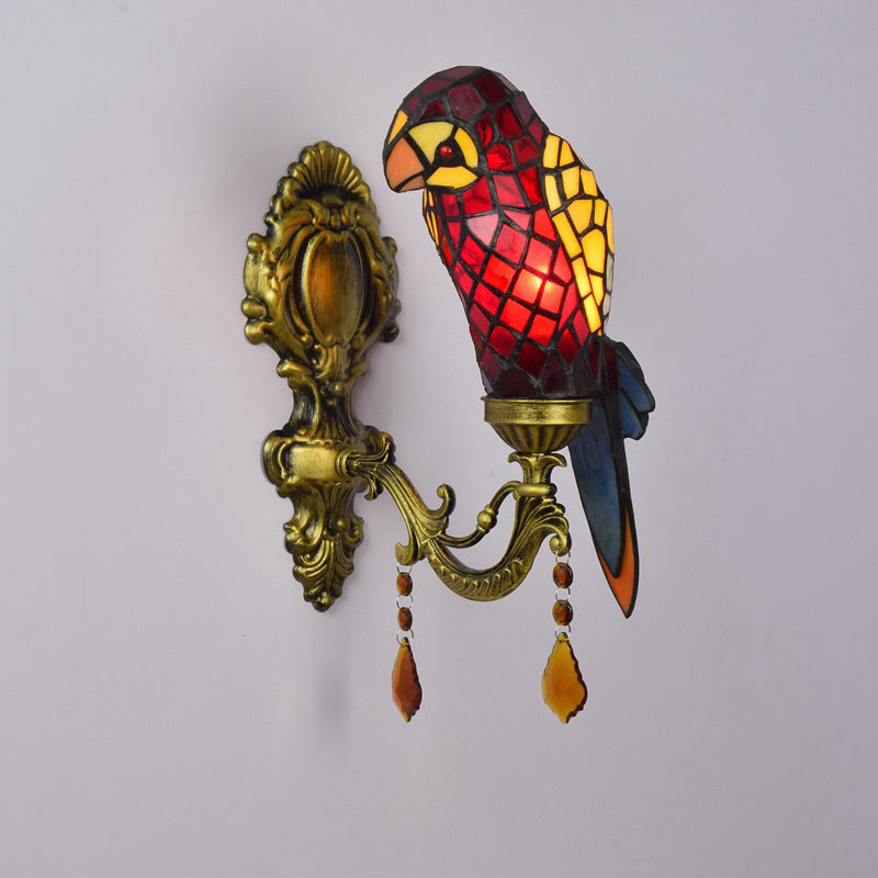 Traditional Tiffany Stained Glass Parrot Crystal 1-Light Wall Sconce Lamp For Living Room