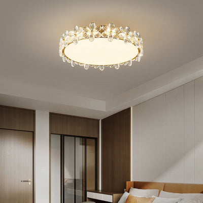 Contemporary Creative Cylindrical Cherry Blossom Copper Glass Crystal LED Semi-Flush Mount Ceiling Light For Living Room