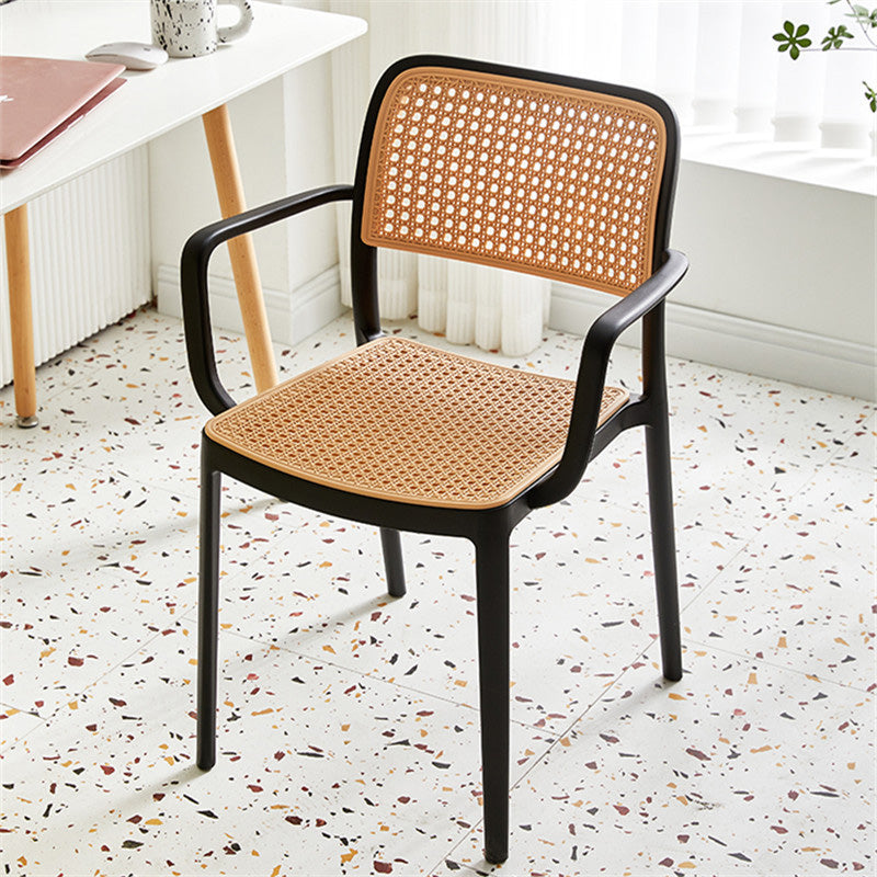 Contemporary Simplicity Square Rattan-like Plastic Stackable Dining Chair Armrest Backrest For Dining Room