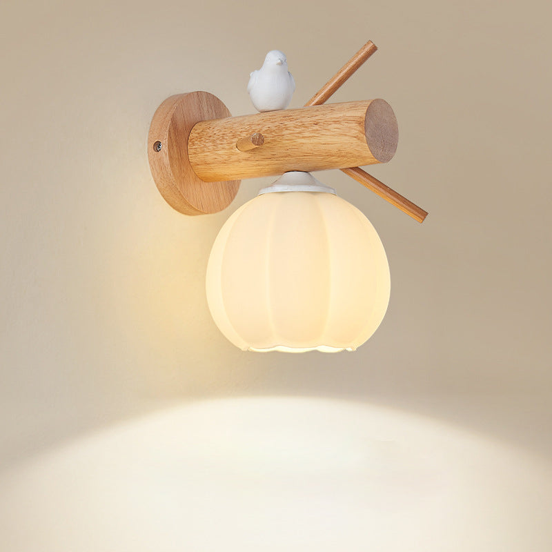 Modern Minimalist Pumpkin Bird Wood PE 1-Light Wall Sconce Lamp For Bedroom