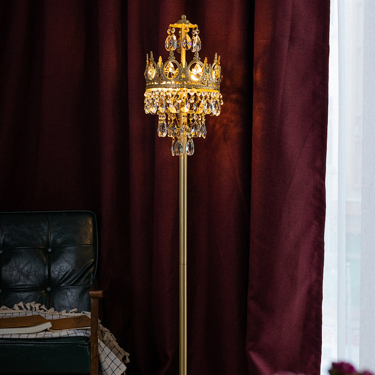 Traditional Luxury Copper Brass Crystal Crown Pendant 3-Light Standing Floor Lamp For Bedroom