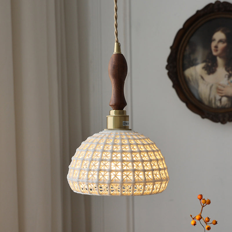 Contemporary Retro Ceramic Basket Shade Wood Brass 1-Light Pendant Light