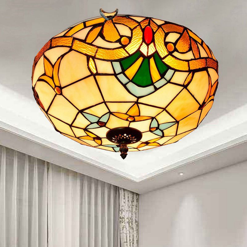 Traditional Tiffany Half Orb Flower Stripe Plaid Iron Stained Glass 3-Light Flush Mount Ceiling Light For Living Room