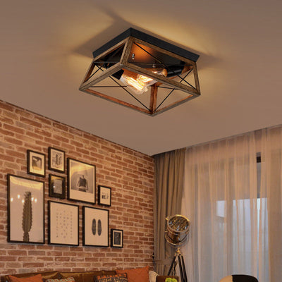 Contemporary Industrial Square Iron 2-Light Flush Mount Ceiling Light For Living Room