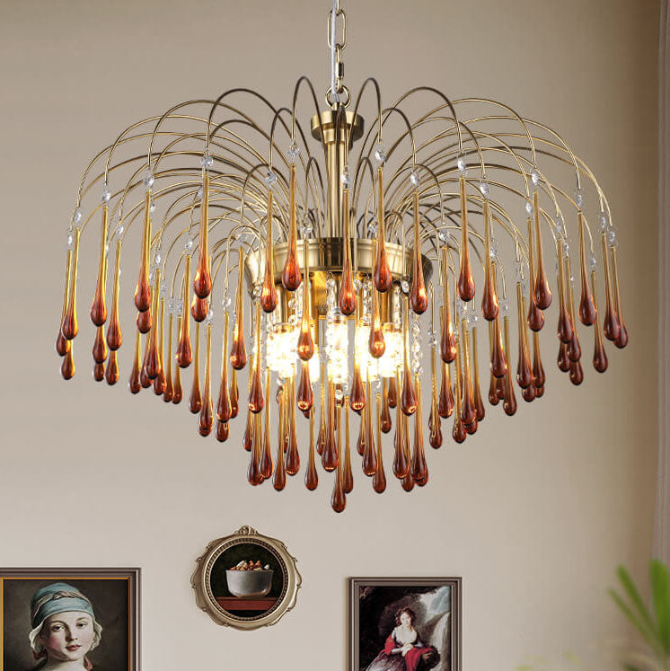 Traditional French Teardrop Copper Glass 4/6/10 Light Chandelier For Living Room