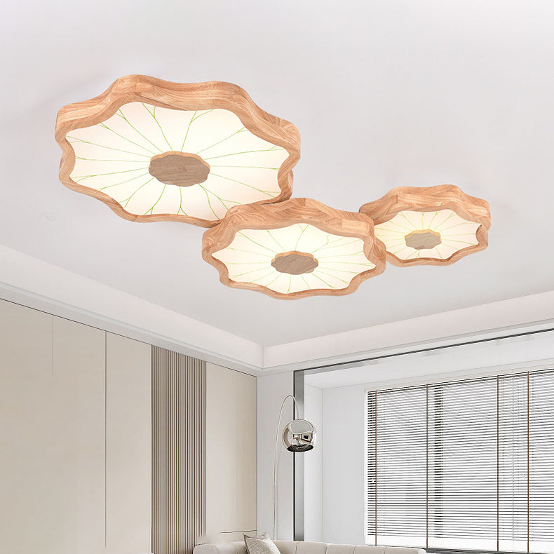 Traditional Chinese Lotus Leaf Wooden Iron Acrylic LED Flush Mount Ceiling Light For Living Room