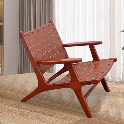 Contemporary Retro Ash Wood Saddle Leather Weaving Square Accent Chair Backrest Armrest Footrest For Living Room