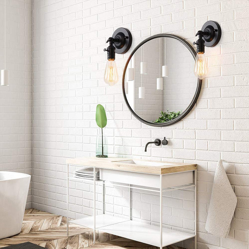 Contemporary Industrial Round Base Iron 1-Light Rotable Wall Sconce Lamp For Bathroom