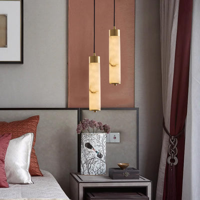 Traditional Chinese Copper Iron Marble Strip LED Pendant Light For Bedroom