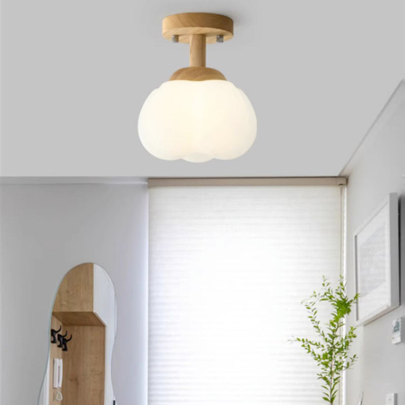 Modern Simplicity Rubber Wood PE Pumpkin Round 1-Light Semi-Flush Mount Ceiling Light For Hallway