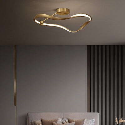 Modern Minimalist Wave Round Full Copper Acrylic LED Semi-Flush Mount Ceiling Light For Bedroom